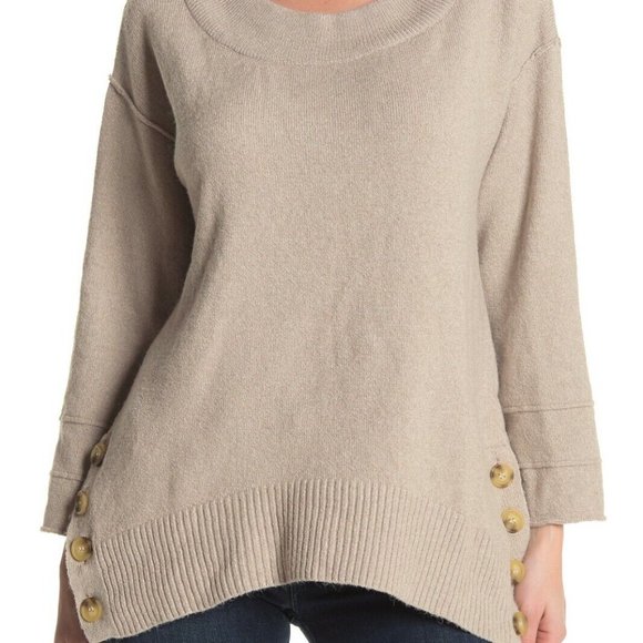 Democracy Beige Sweater Side Button Boatneck Long Sleeves - Picture 1 of 13